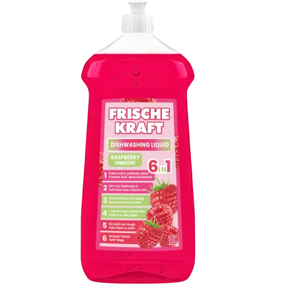 0057ad37a262bdadaa2bfc54a400de3ec88862c6bee1384c7307b8c7339c9665.webp Frische Kraft 6in1 indų ploviklis aviečių kvapo 1 L