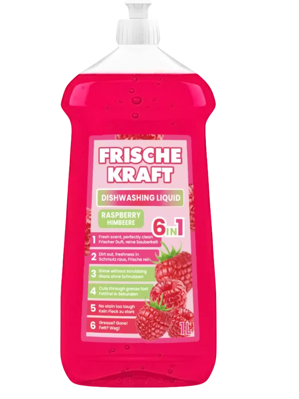 0057ad37a262bdadaa2bfc54a400de3ec88862c6bee1384c7307b8c7339c9665.webp Frische Kraft 6in1 indų ploviklis aviečių kvapo 1 L