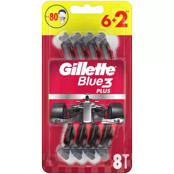 2ef4de8a9933611a94efa501c124f0de6614381c0796ecc10c2ddf26cfa96d76.webp Gillette Blue3 Plus Red vienkartiniai skustuvai 6+2 vnt.