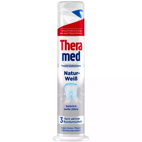 e87acae4d598b77c19ce2081b627aa2e18b32b6095d5ce6ca07756a645e9d5f8.webp Theramed Netur-Weiß dantų pasta – 100 ml