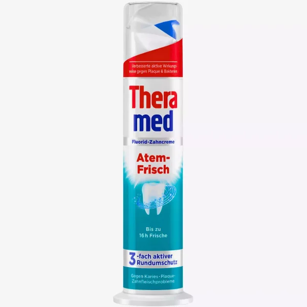 ed7d9b45b9727f1033918bfadb7d3f236021b9e35af6cf5e00e90c10c1da02a2.webp Theramed Atem Frisch dantų pasta Gaiviam kvėpavimui ir švarai