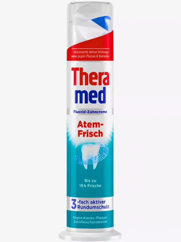 ed7d9b45b9727f1033918bfadb7d3f236021b9e35af6cf5e00e90c10c1da02a2.webp Theramed Atem Frisch dantų pasta Gaiviam kvėpavimui ir švarai